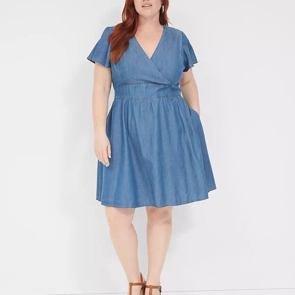 Lane Bryant Dress Women's 28 Lena Blue Chambray Faux Wrap Flutter Sleeve NWT - Picture 10 of 10